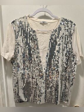 Zara White Short Sleeve Tee with Sequin Front
